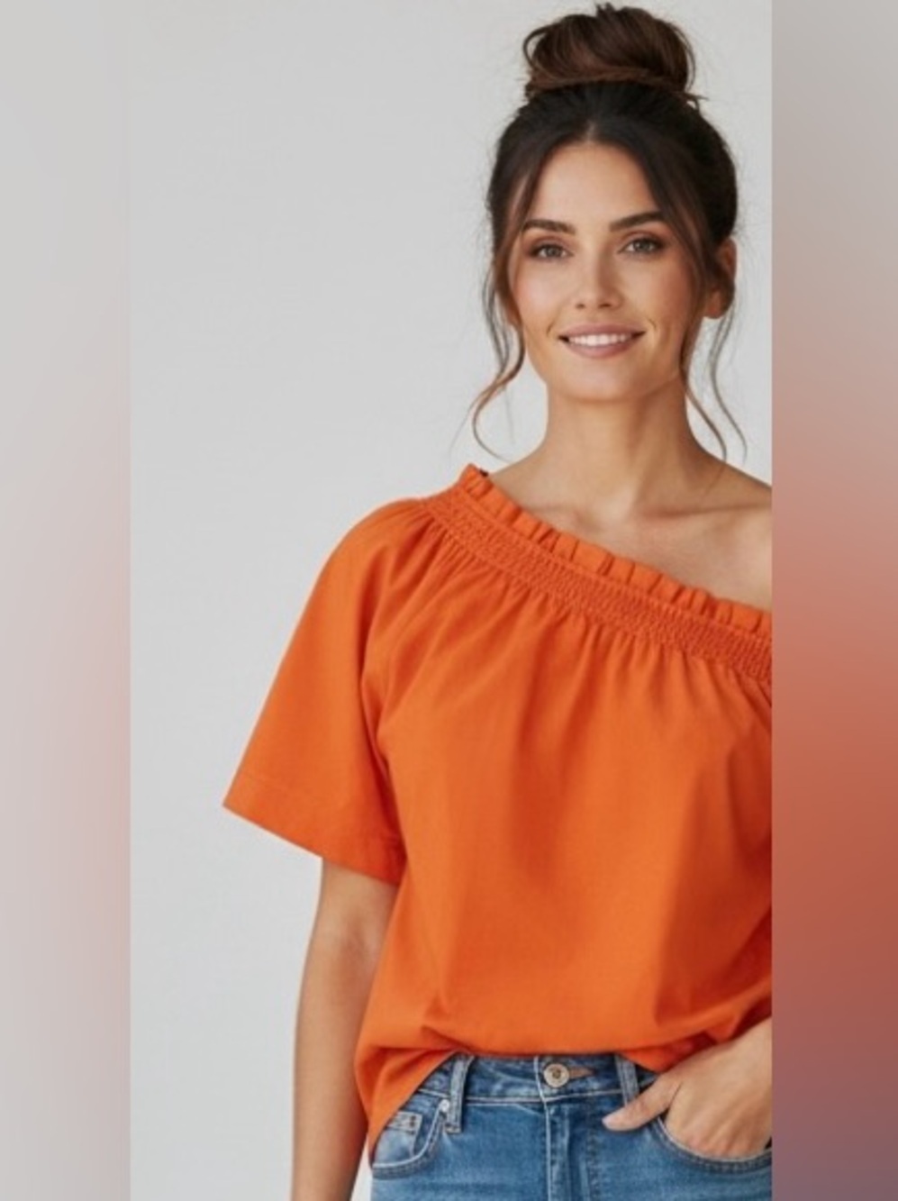 J.Crew Bright Orange One-Shoulder Smocked Ruffle Top Women’s Size XS Cotton,Boho